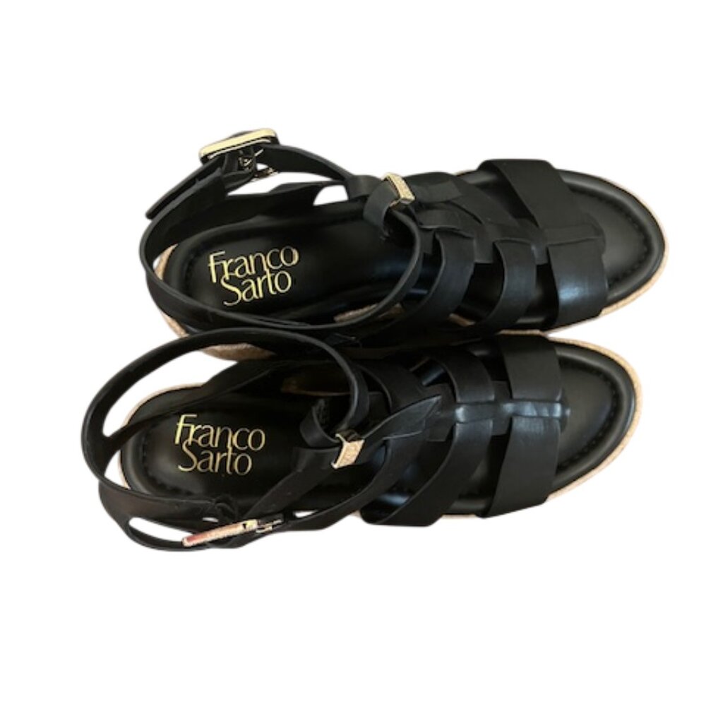 FRANCO SARTO Wedge Sandals Size 9.5 Black Leather Adjustable Buckle Strap - Picture 3 of 5